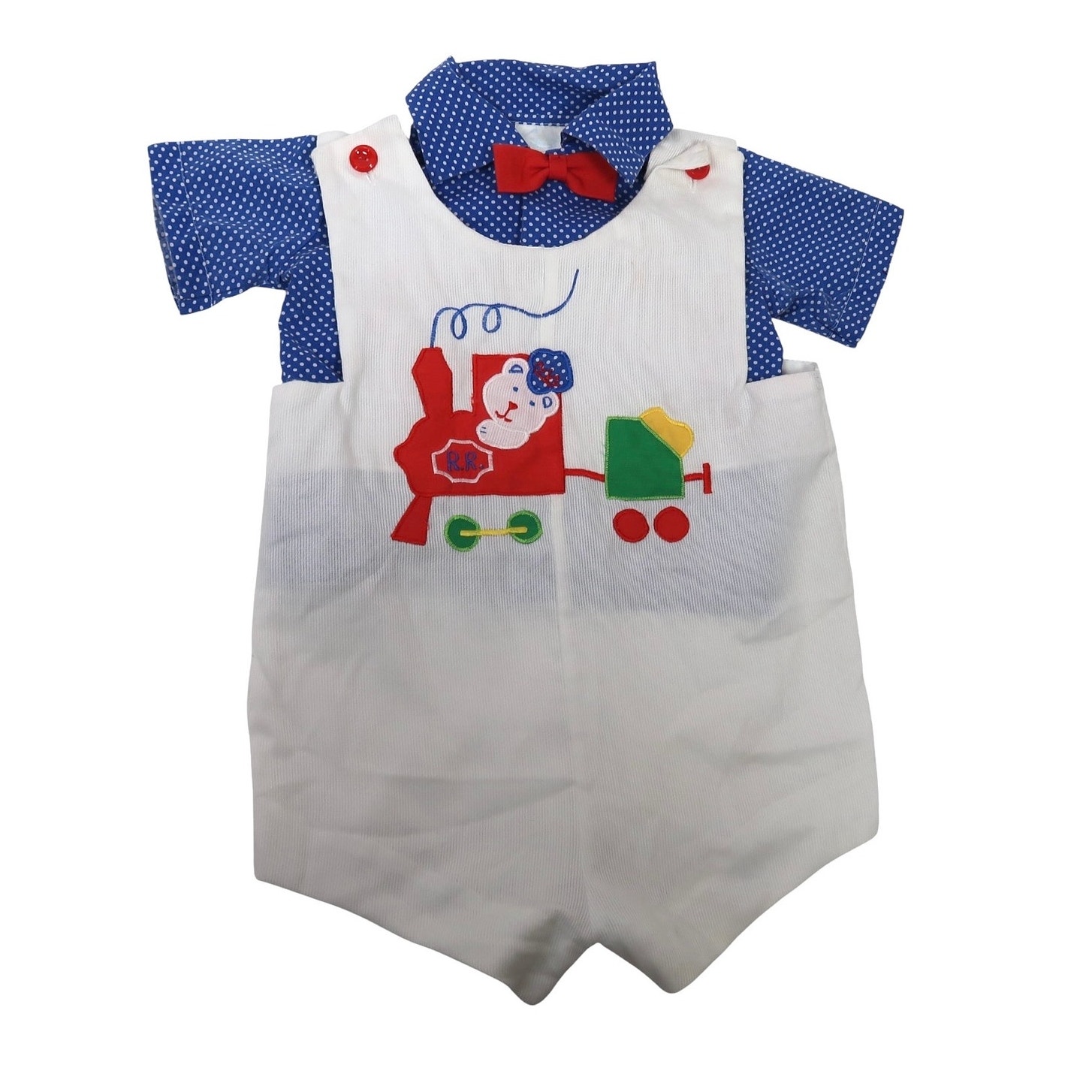 Vintage 80s Cradle Togs White Train Romper Blue Shirt Set Baby Boy 24 Months